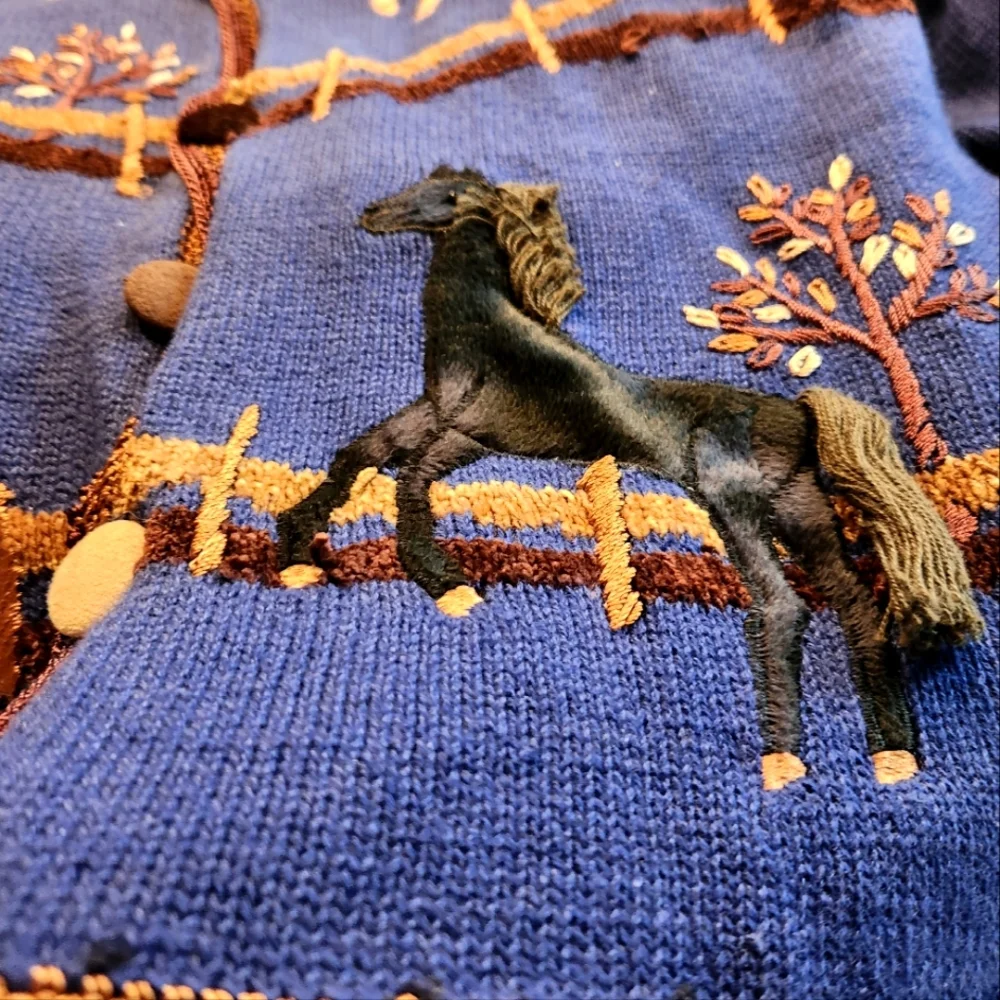 80s VICTORIA HARBOUR Kitsch Horses Country Western Ranch Knit Cardigan Jumper EV - Picture 10 of 16
